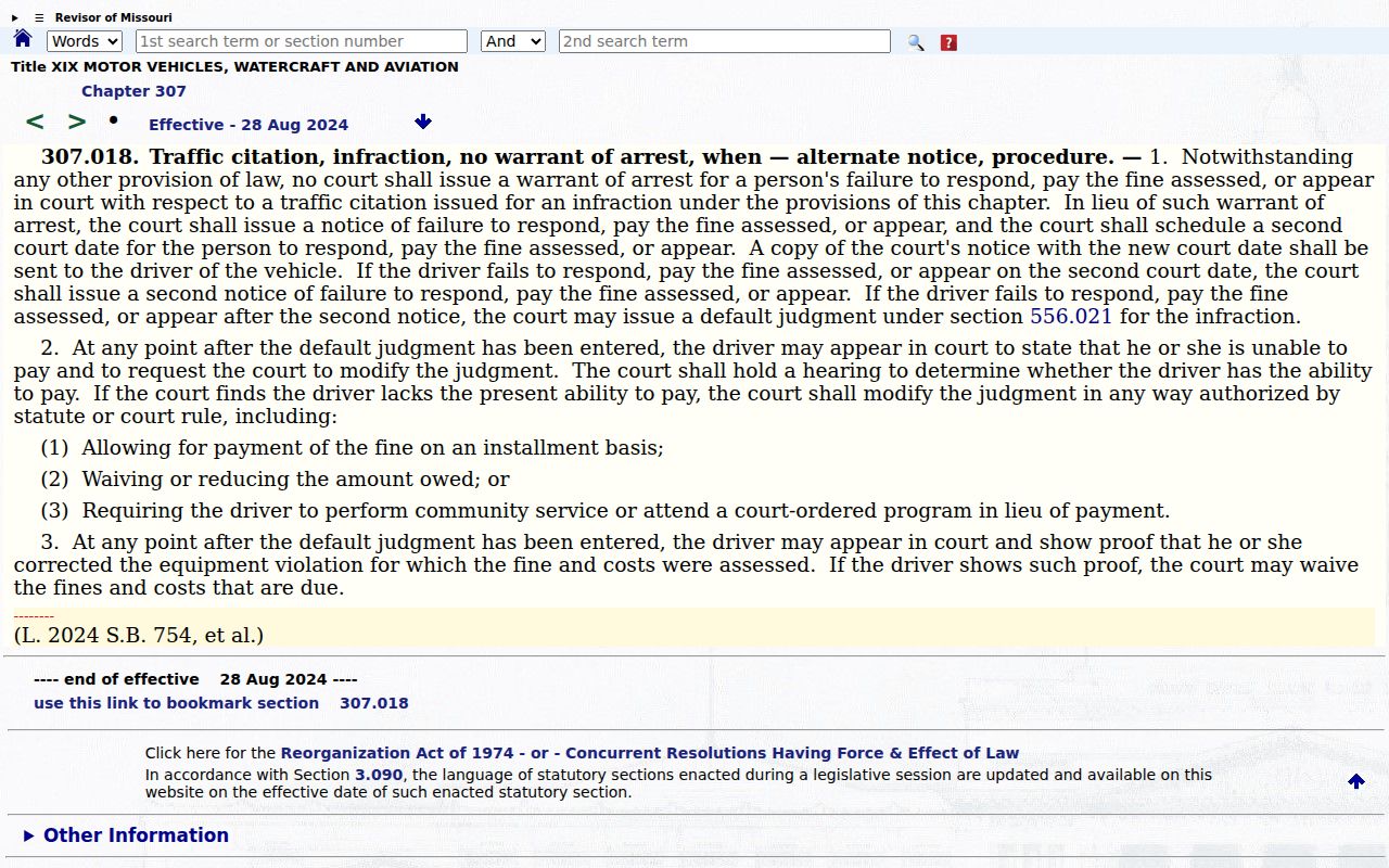 Missouri Chapter 307 traffic infraction warrant rule