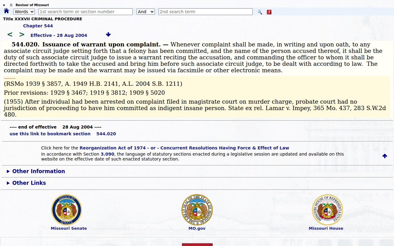Missouri complaint and arrest warrant statute